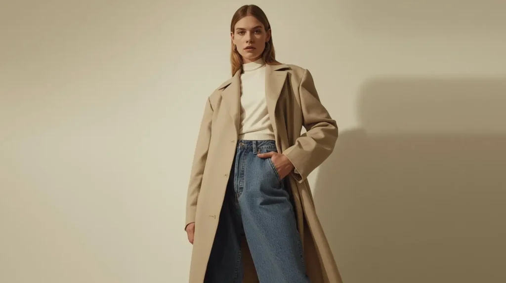 Vintage runway style outfit in clean neutral layers and modern fit