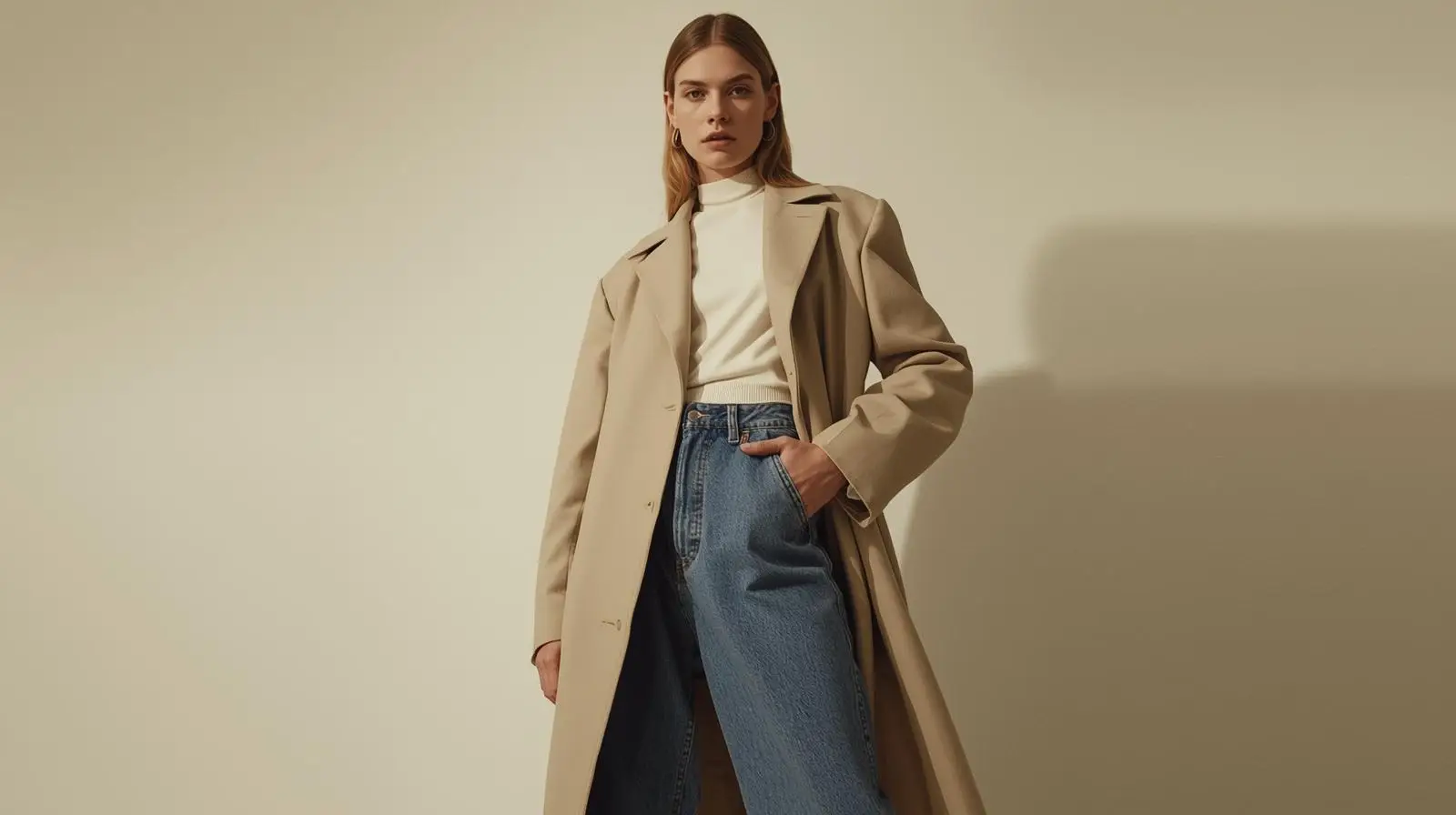 Vintage runway style outfit in clean neutral layers and modern fit