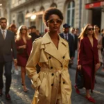 Woman in oversized gray pinstripe blazer, baggy low-rise trousers, red loafers and micro sunglasses posing outside the Chanel show at Paris Fashion Week Spring/Summer 2026