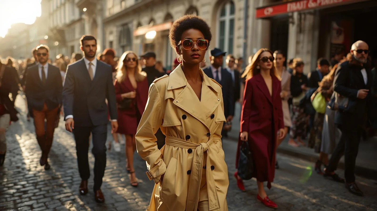 Woman in oversized gray pinstripe blazer, baggy low-rise trousers, red loafers and micro sunglasses posing outside the Chanel show at Paris Fashion Week Spring/Summer 2026