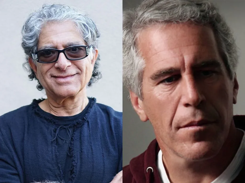 Deepak Chopra speaking at a wellness event discussing meditation and consciousness