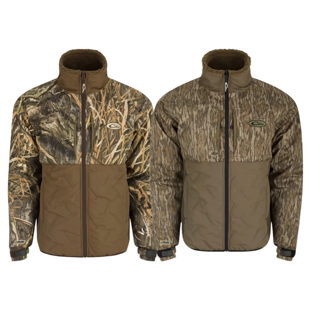 Drake Waterfowl camo hunting jacket next to Drake’s luxury wool jacket