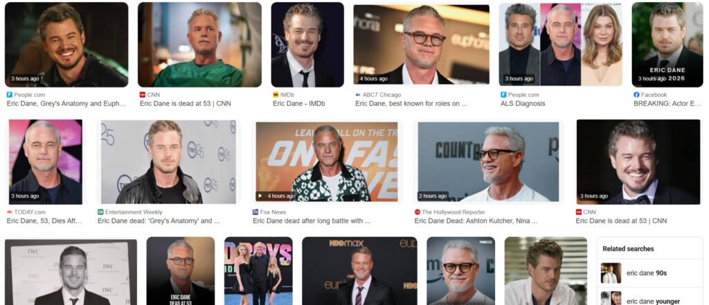 A black and white tribute photo of Eric Dane, the Grey's Anatomy and Euphoria star who died of ALS at 53.