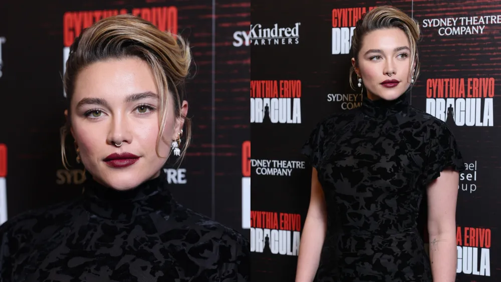 Florence Pugh wearing a black mock neck Patou Fall 2026 dress with velvet motifs at the Dracula West End opening.