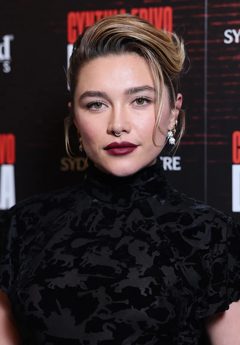 Florence Pugh wearing a black, mock-neck Patou Fall 2026 dress with velvet animal motifs at the London Dracula premiere.
