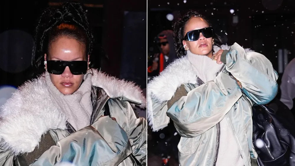 Rihanna wearing a sage green Vaquera giant fur-trimmed aviator jacket with a shaggy white faux-fur collar, YSL rectangle sunglasses, and PUMA sneakers in the NYC snow.