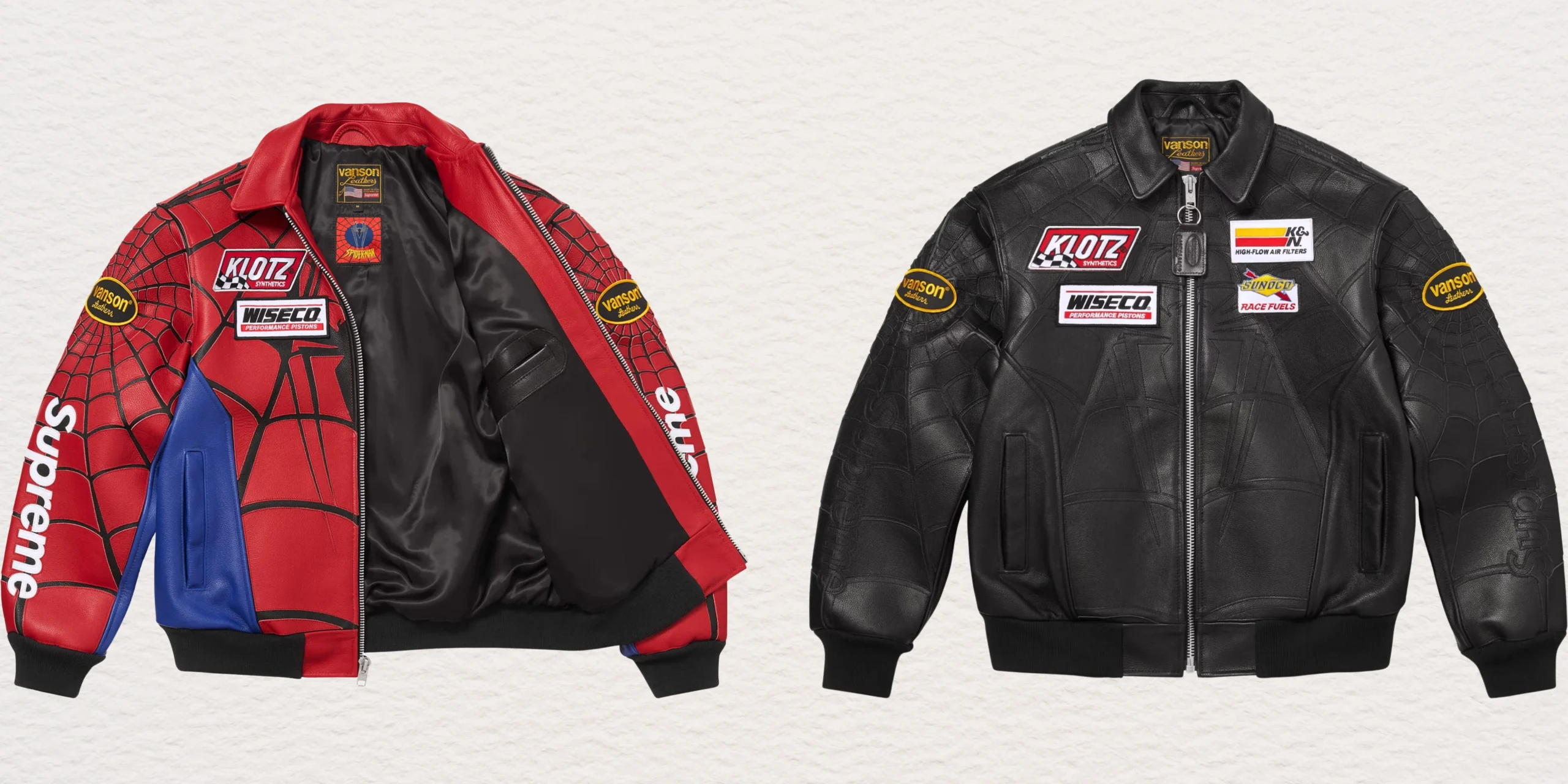 Two colorways of the Supreme Vanson Leathers Spider-Man jacket in red/blue and black, featuring cowhide leather and web motifs.