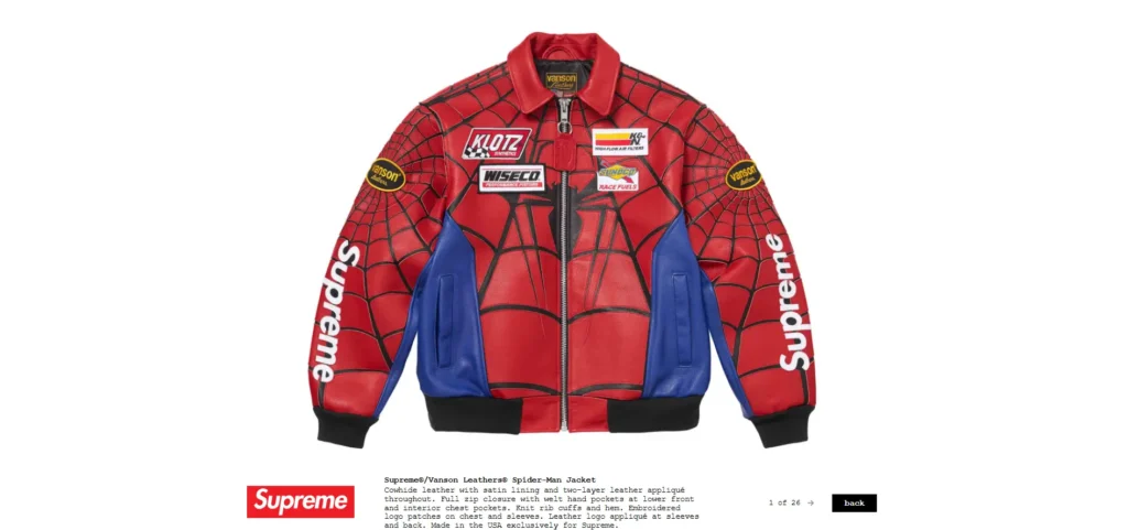 A high-end cowhide leather Supreme Spider-Man jacket featuring Vanson Leathers appliqué and Marvel comic iconography.
