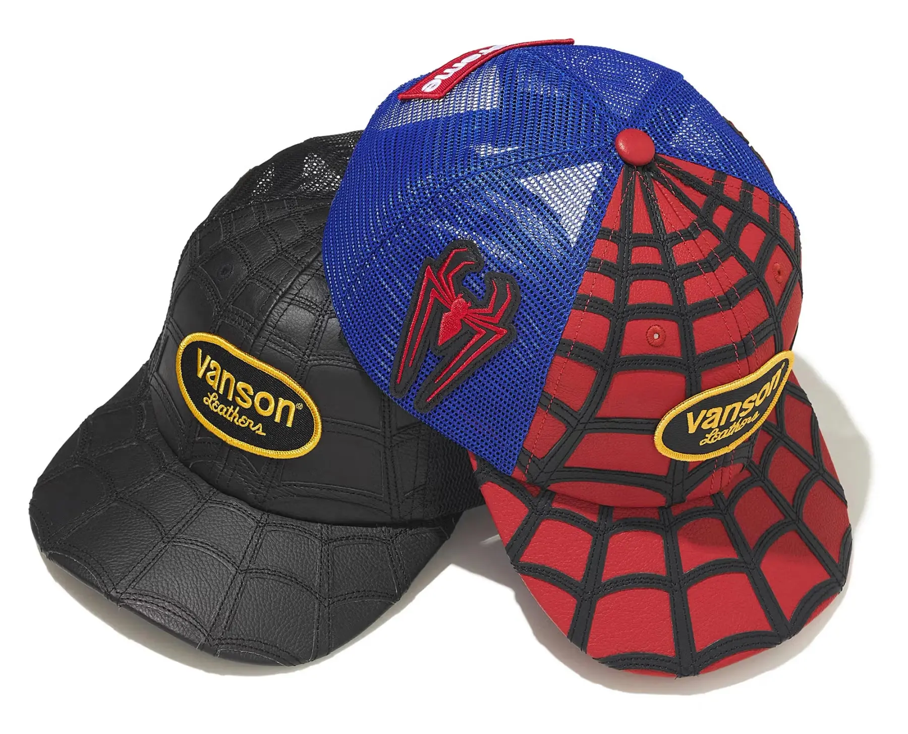 Red and black Supreme Vanson Leathers Spider-Man mesh back 6-panel hats featuring collaborative racing patches.